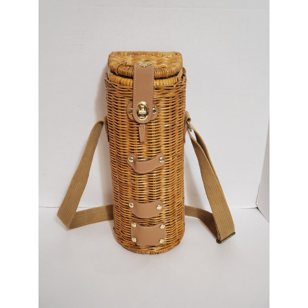 Rattan Wine Bottle Caddy Picnic Basket Faux Leather Trim Shoulder Strap 13” Vtg